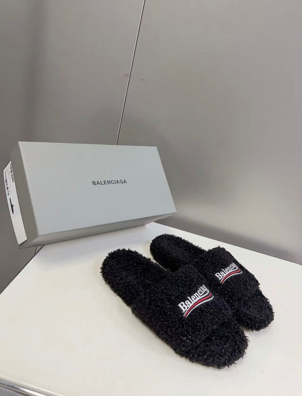 Black Fuzzy Balenciaga Slides